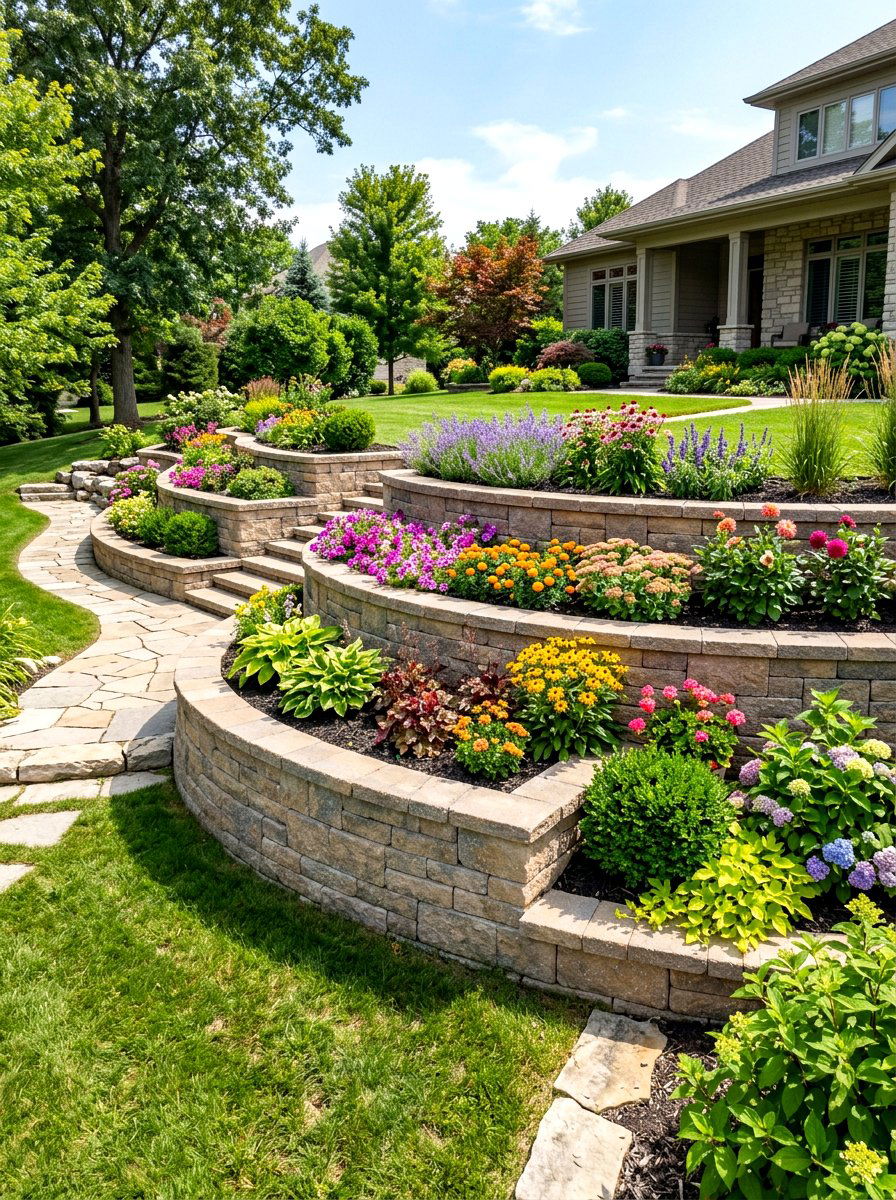 Terraced paver retaining wall - 30 paver garden border ideas