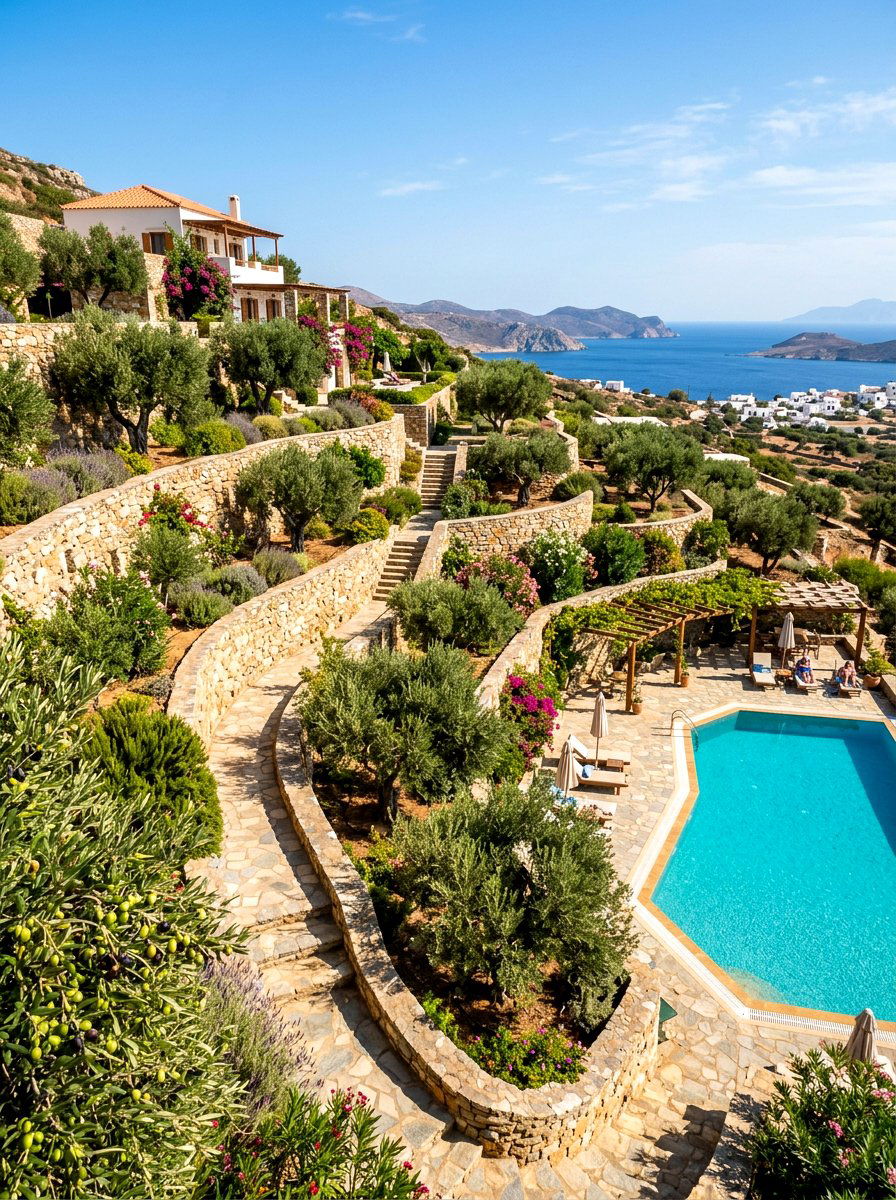 Terraced pool garden with olive trees - 30 poolside olive trees ideas