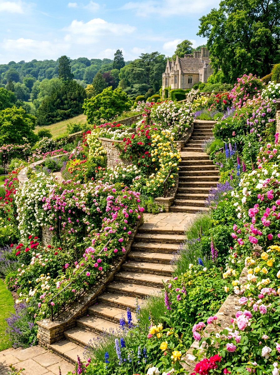 Terraced rose garden stairs - 30 rose garden walkway ideas