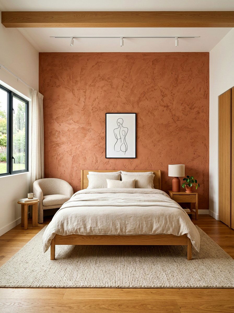Terracotta Accent Wall Bedroom - 30 earthy minimalist bedroom ideas