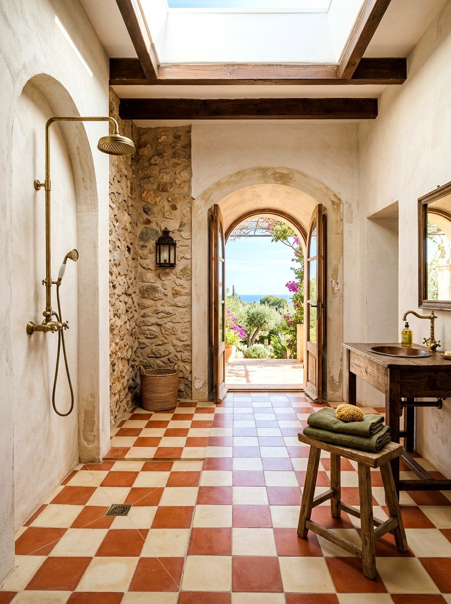 Terracotta And White Checkerboard - 30 checkerboard bathroom floor ideas