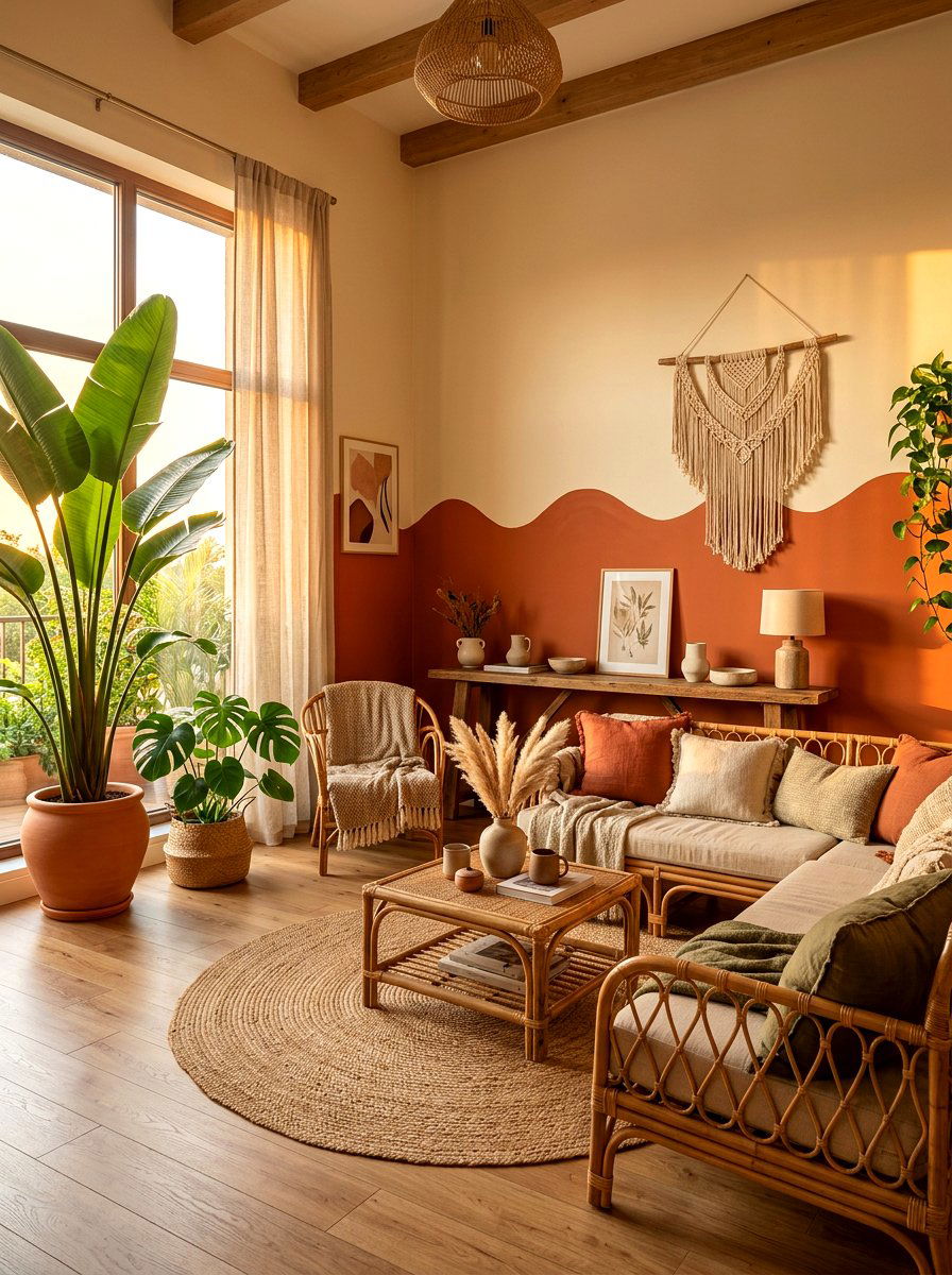 Terracotta Beige Living Room - 30 two tone wall paint ideas
