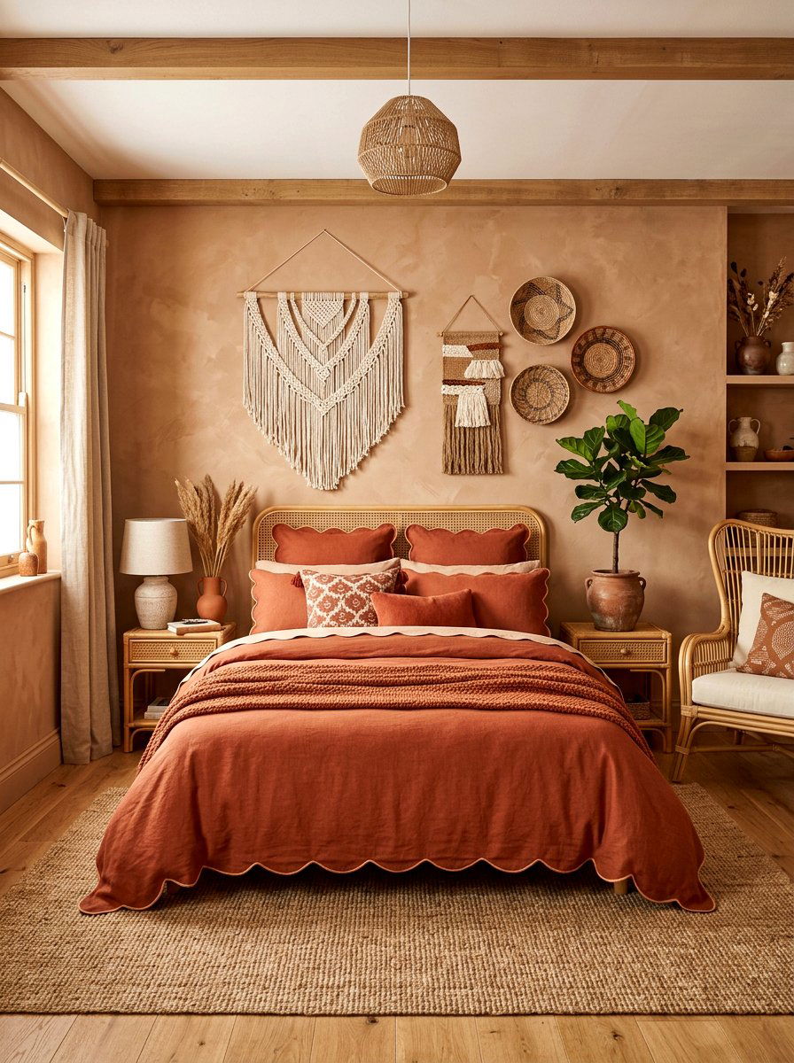 Terracotta Earthy Scalloped Pillow Room - 30 scalloped pillow bedding ideas