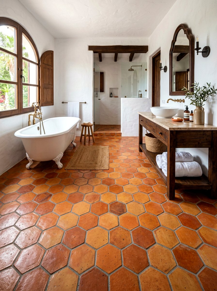 Terracotta Floor Tiles - 30 rustic spa bathroom ideas