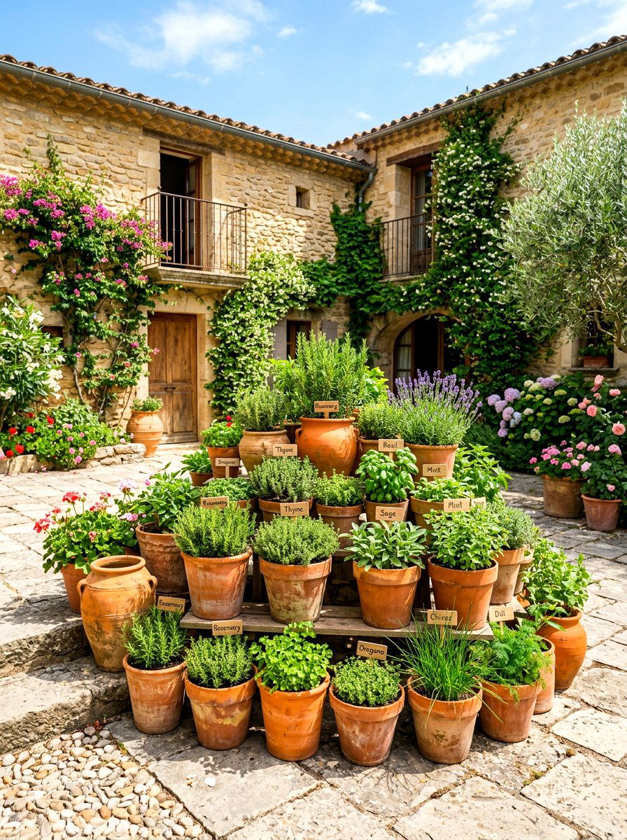 Terracotta Herb Garden - 30 courtyard herb garden ideas