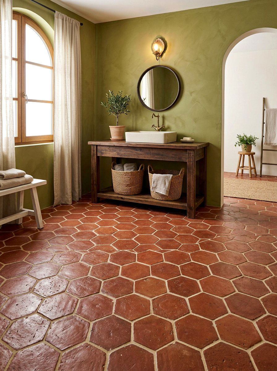 Terracotta Hexagon Floor Tile - 30 colorful bathroom tile ideas