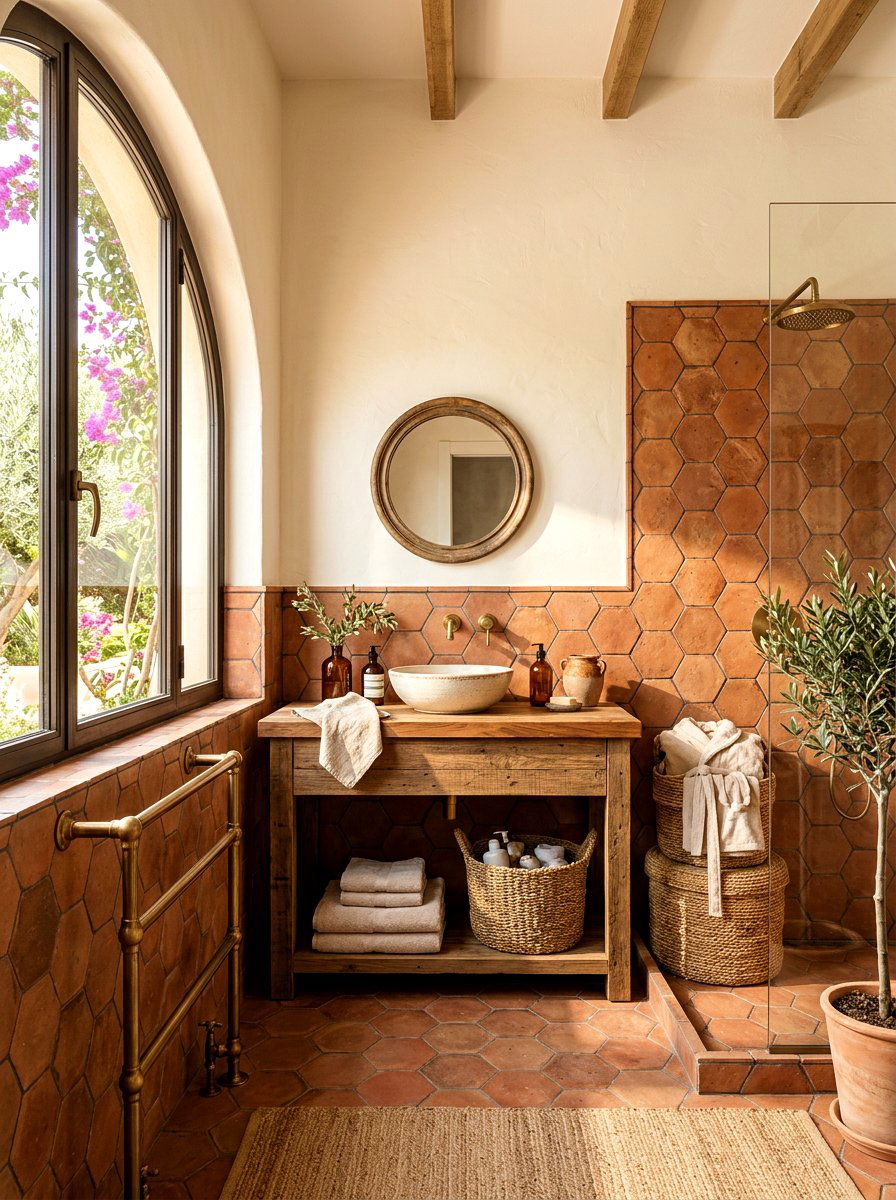 Terracotta Hexagon Tile Bathroom - 30 half tiled bathroom ideas
