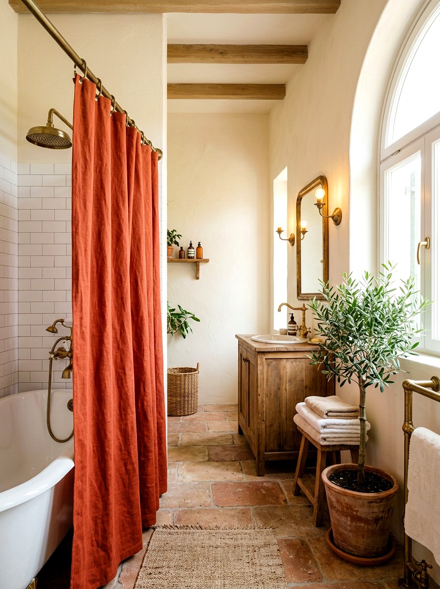 Terracotta Linen Shower Curtain - 30 linen shower curtain ideas
