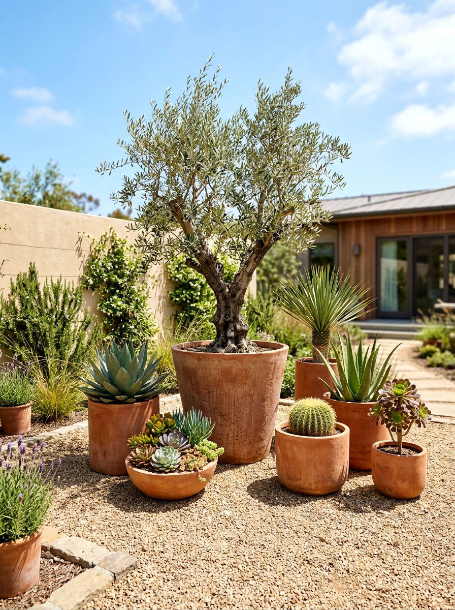 Terracotta Planter Display - 30 warm minimalist backyard ideas