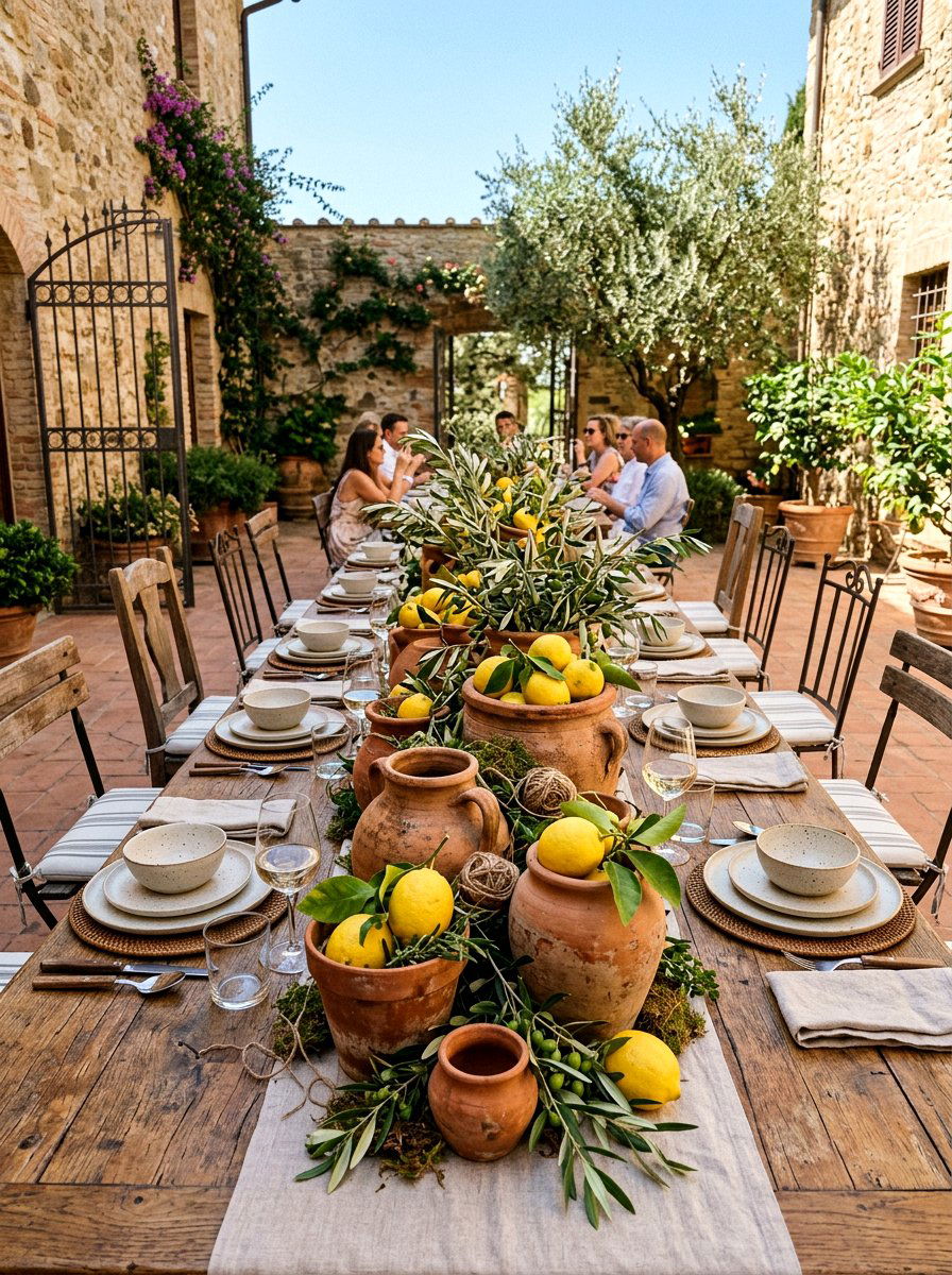Terracotta Pot Centerpiece - 30 lemon and olive summer tablescape ideas