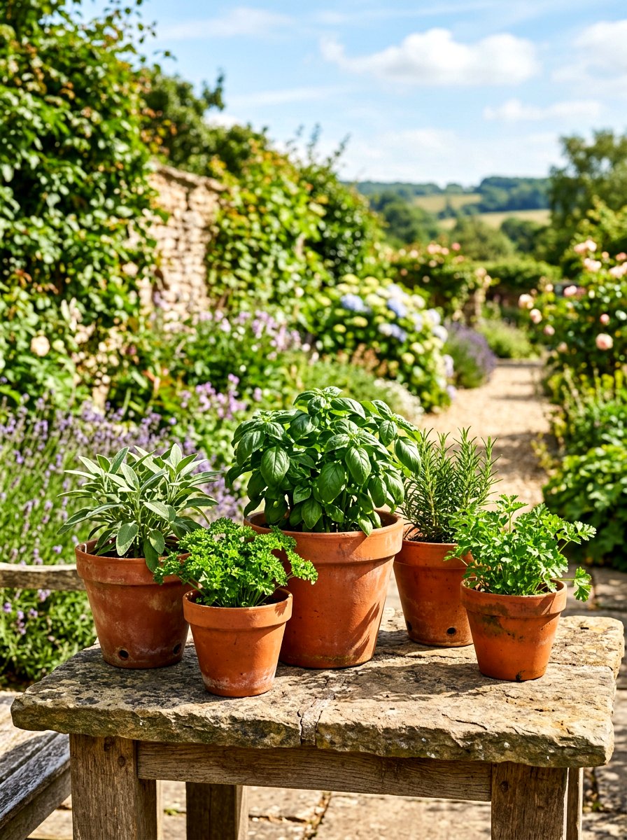 Terracotta Pot Herb Garden - 30 container vegetable garden ideas