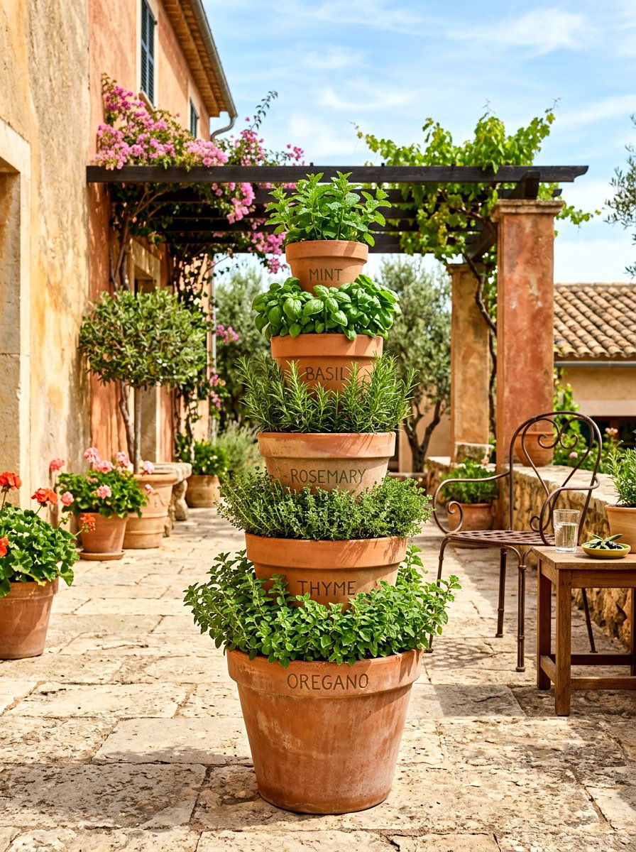 Terracotta Pot Herb Stack - 30 herb garden corner ideas