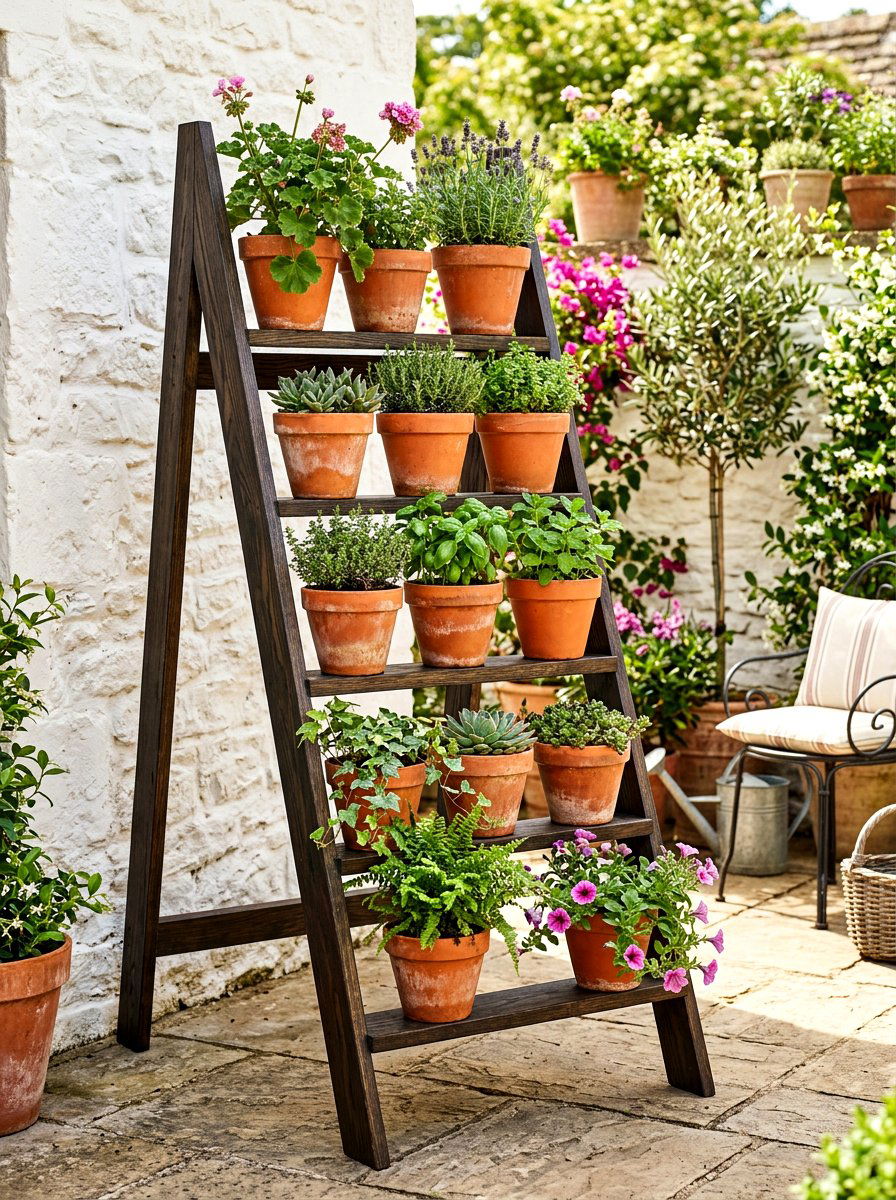 Terracotta Pot Ladder Rack - 30 ladder planter ideas