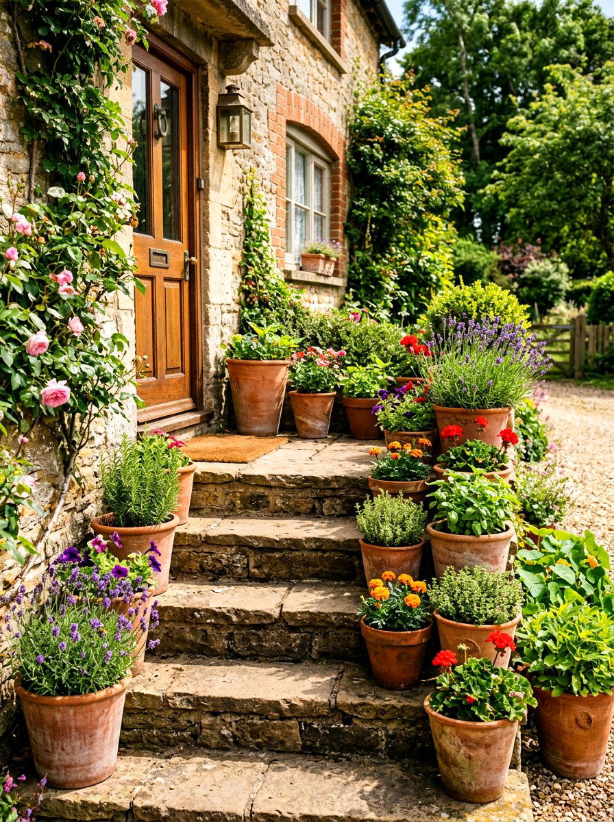 Terracotta Pot Porch Garden - 30 English cottage front porch ideas