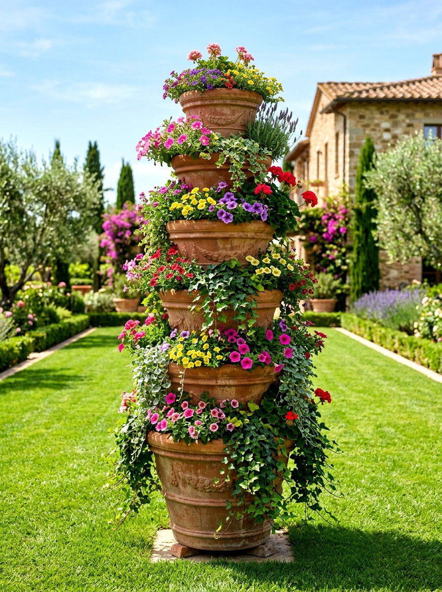 Terracotta Pot Tower - 30 budget container garden ideas