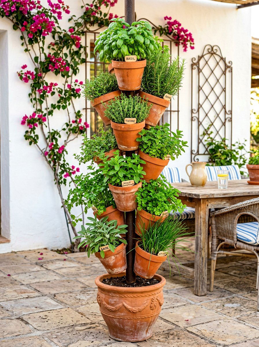 Terracotta Pot Vertical System - 30 hanging herb garden ideas