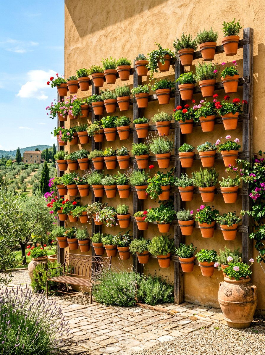 Terracotta Pot Wall - 30 greenhouse decorative ideas