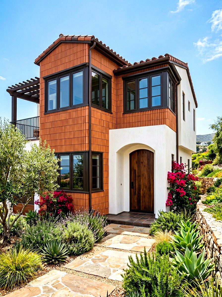 Terracotta Siding Mixed With Dark Bronze Metal - 30 mixed siding exterior ideas