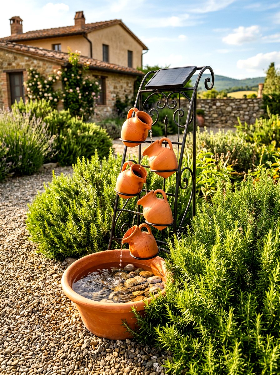 Terracotta Solar Water Feature - 30 solar fountain ideas