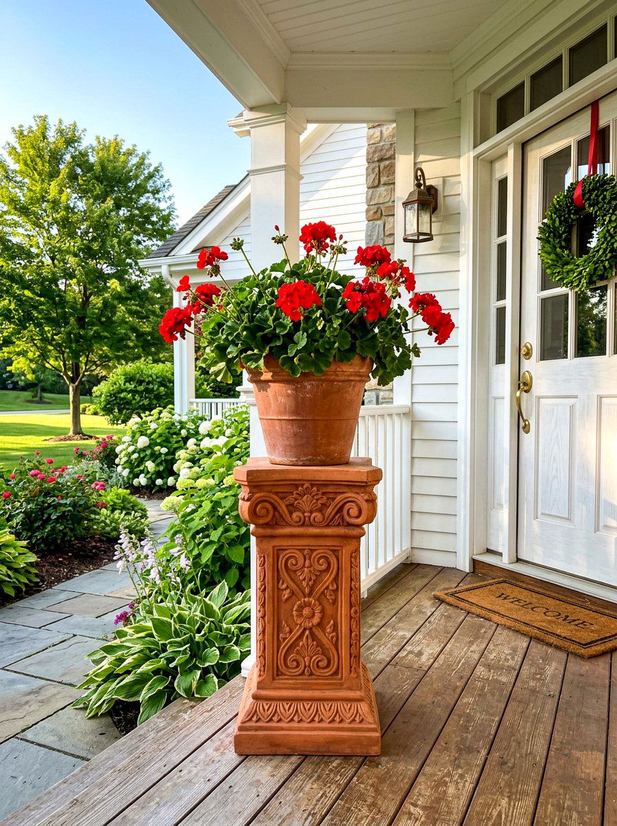 Terracotta Stone Pedestal Porch - 30 stone pedestal decor ideas