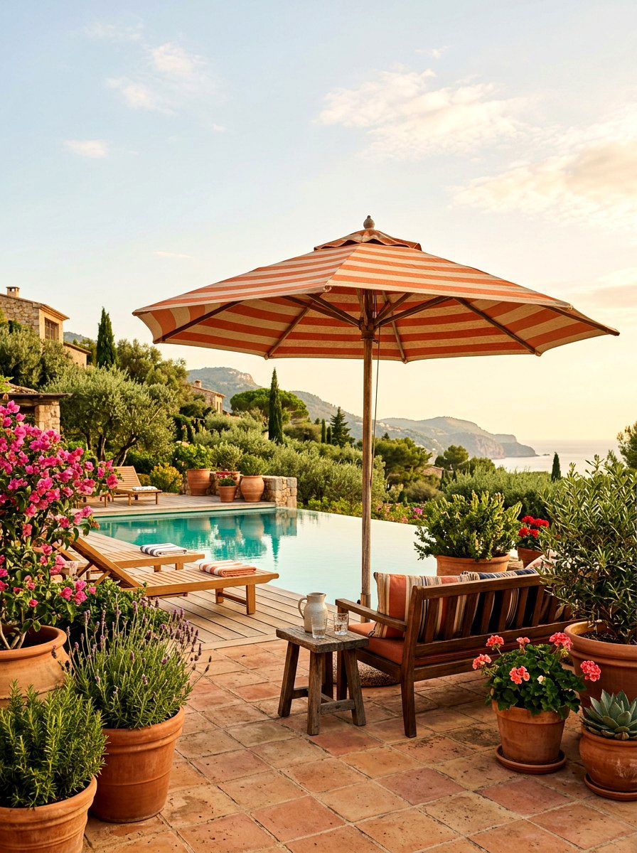 Terracotta Striped Pool Side Umbrella - 30 poolside striped umbrellas ideas