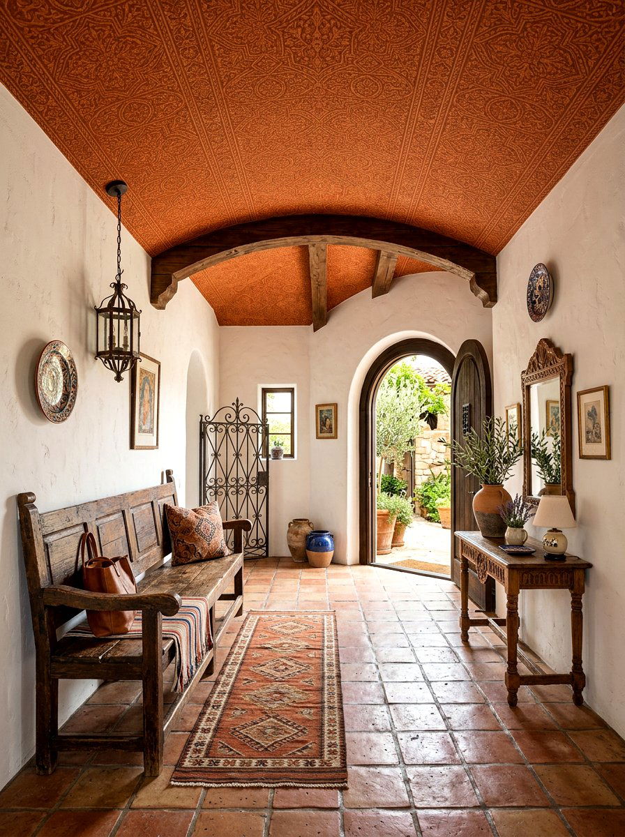 Terracotta Textured Wallpaper Foyer - 30 wallpapered foyer ceiling ideas