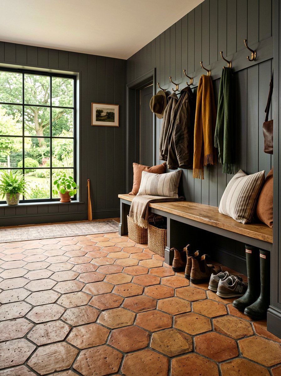 Terracotta Tile Mudroom Floor - 30 moody mudroom ideas