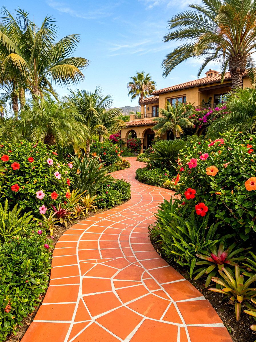 Terracotta Tile Sinuous Path - 30 curved walkway ideas