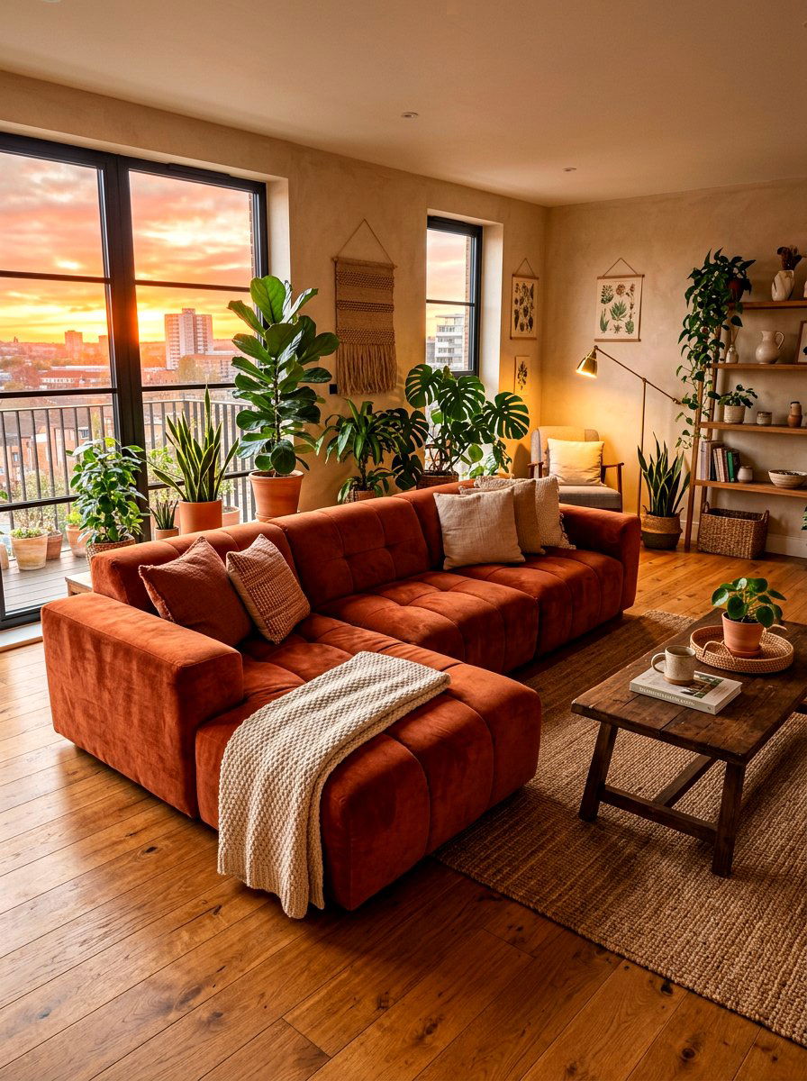 Terracotta Velvet Modular Sofa - 30 pit sofa living room ideas