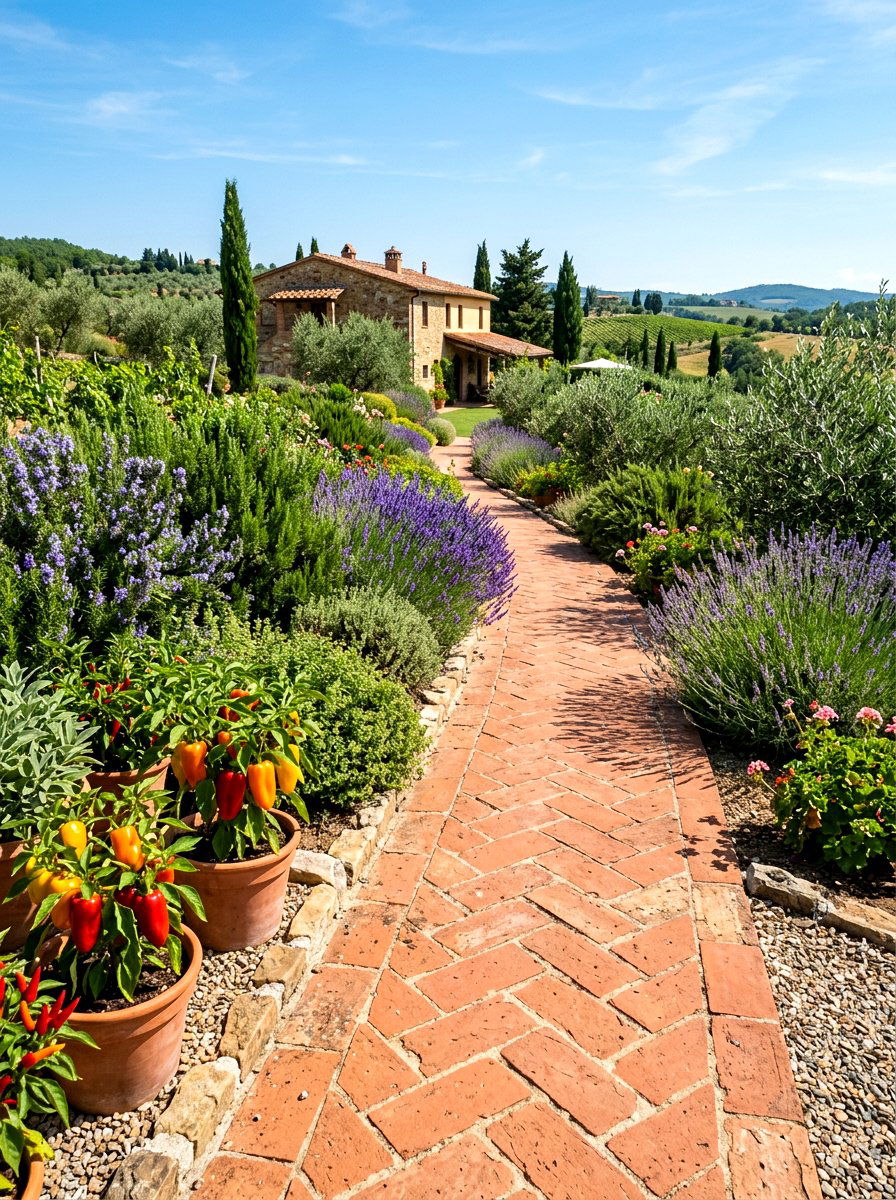 Terracotta Walkway - 30 vegetable garden path ideas