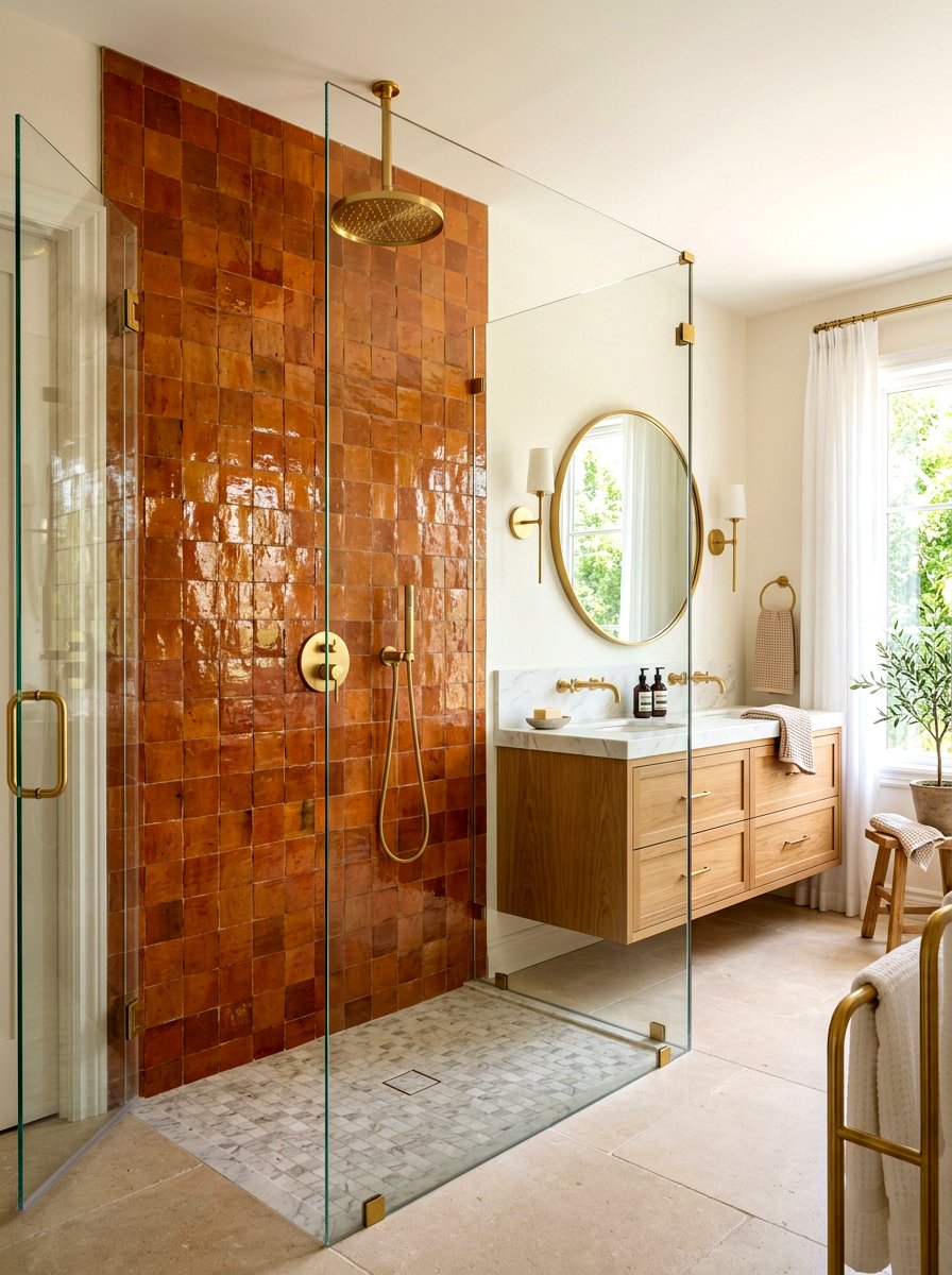 Terracotta Zellige Wall - 30 terracotta bathroom ideas