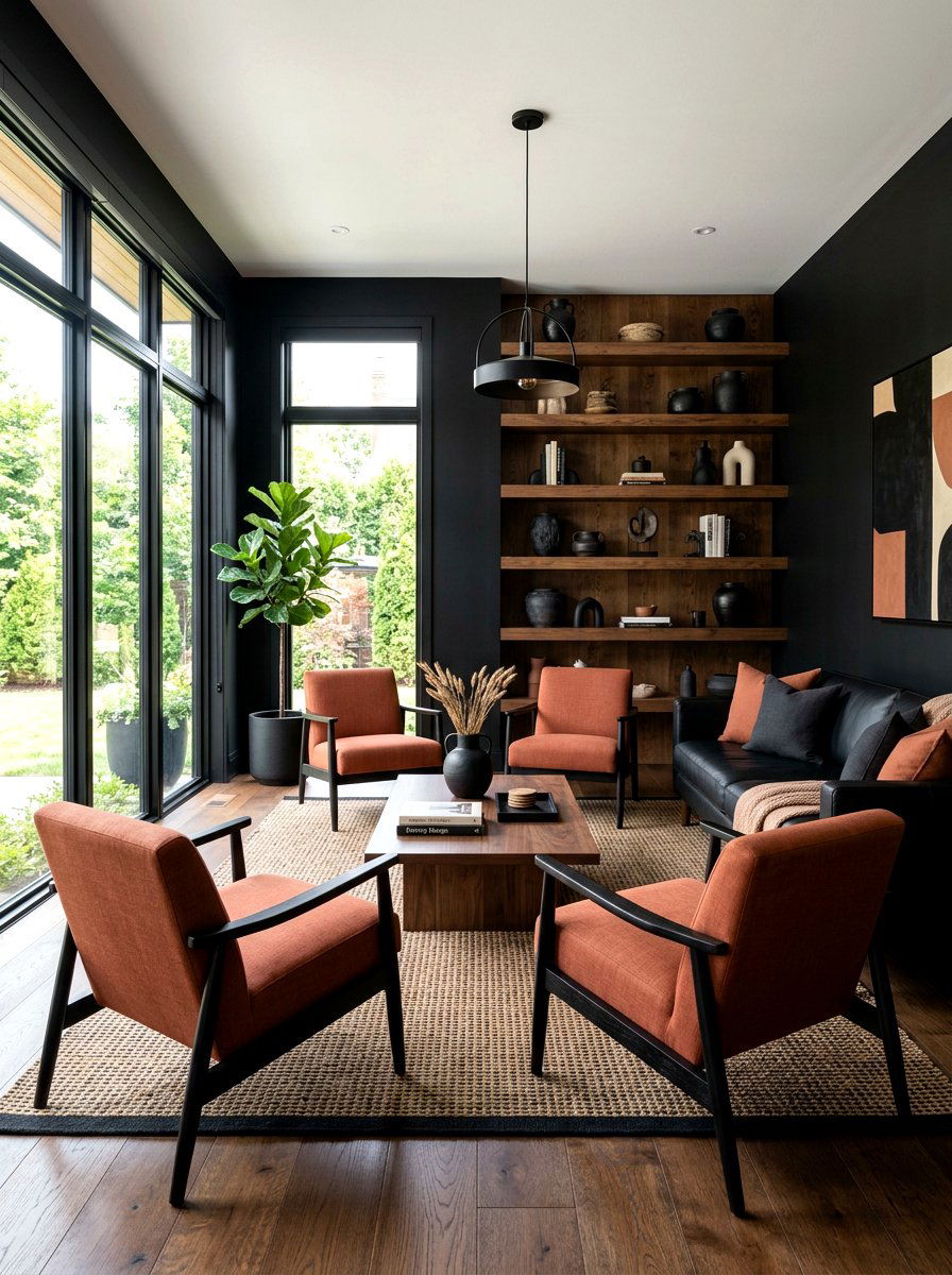 Terracotta and Black Lounge - 30 moody lounge room ideas