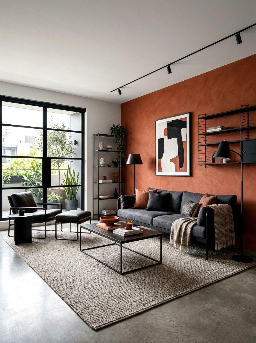 Terracotta and black living room - 30 terracotta living room ideas