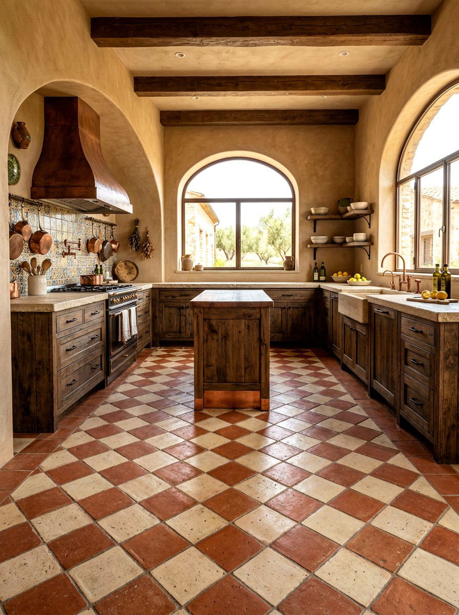 Terracotta and cream checkerboard floor - 30 checkerboard kitchen tile ideas