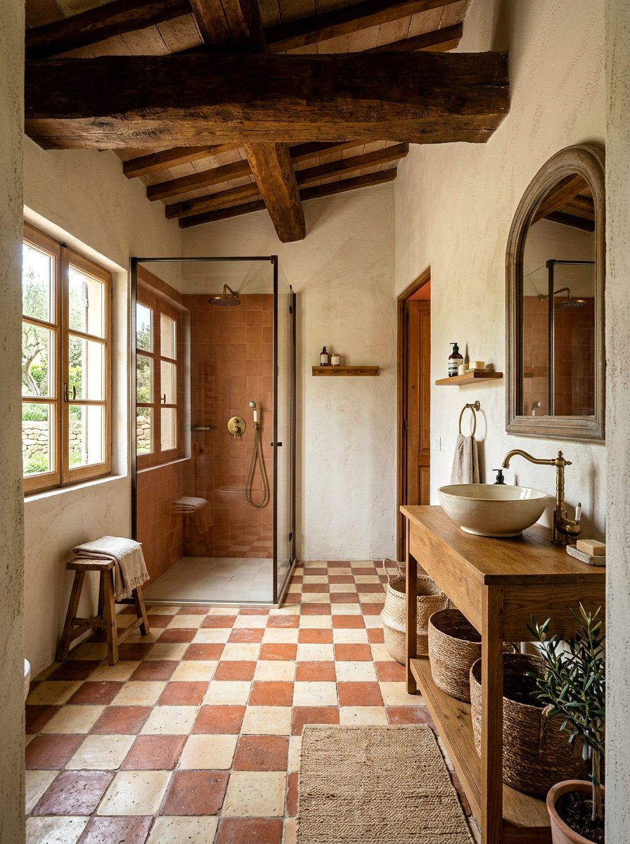 Terracotta and cream checkerboard tile - 30 checkerboard bath floor ideas