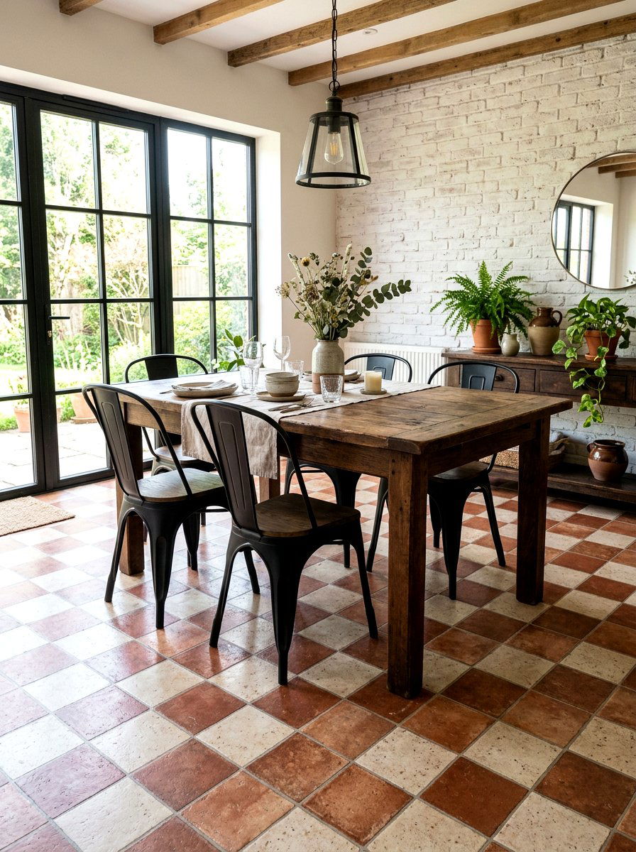 Terracotta and cream vinyl flooring - 30 peel and stick checkerboard floor ideas