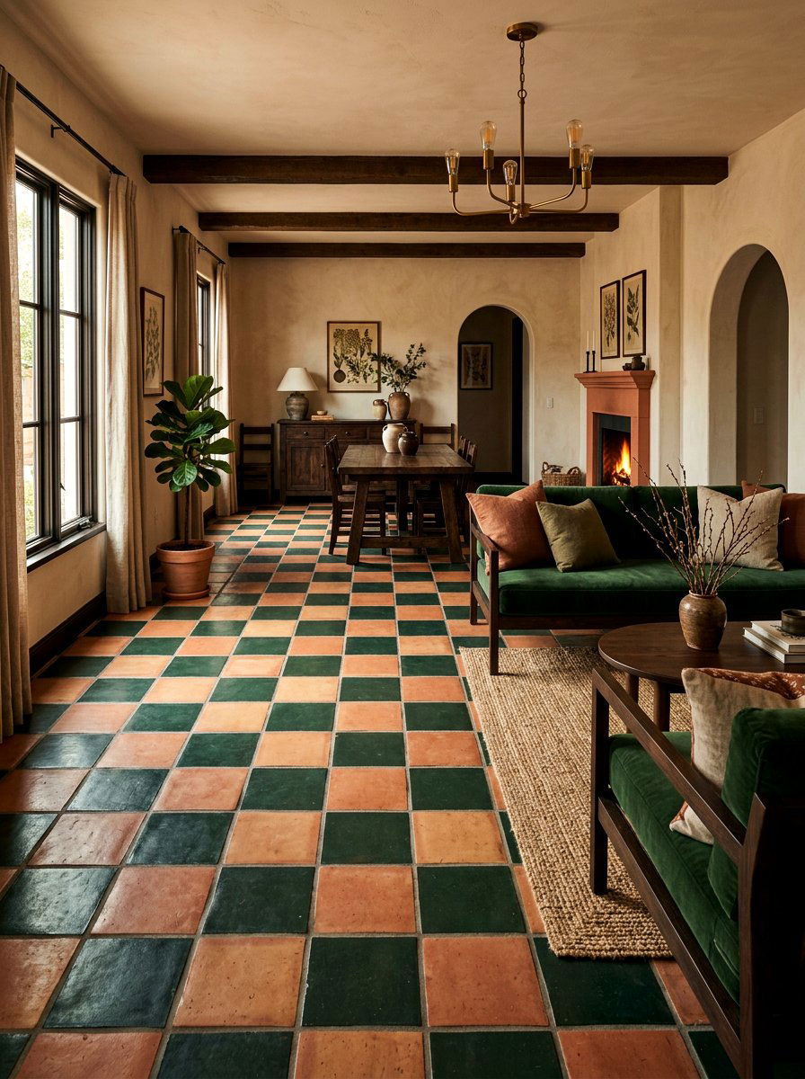 Terracotta and dark green checkerboard - 30 checkerboard kitchen tile ideas
