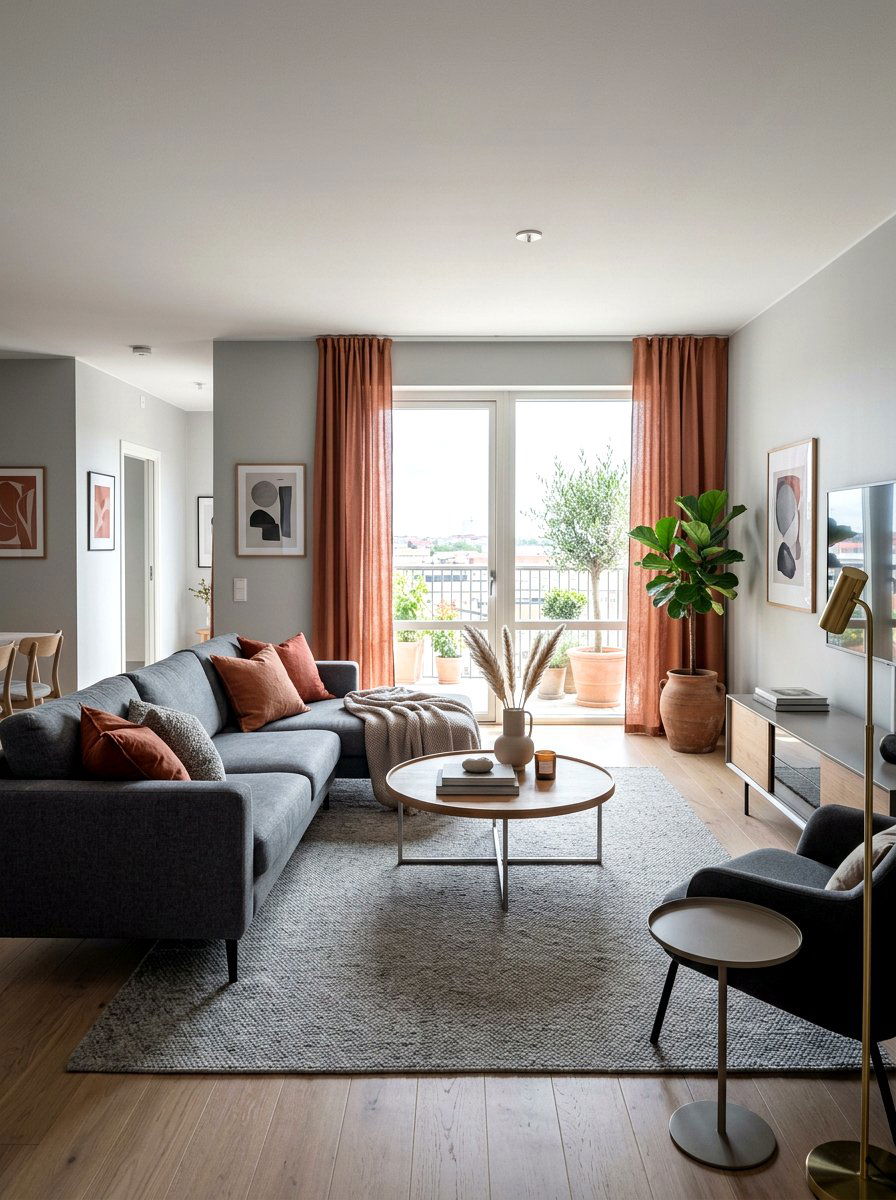 Terracotta and grey living room - 30 terracotta living room ideas