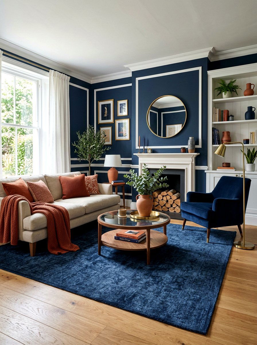 Terracotta and navy blue living room - 30 terracotta living room ideas