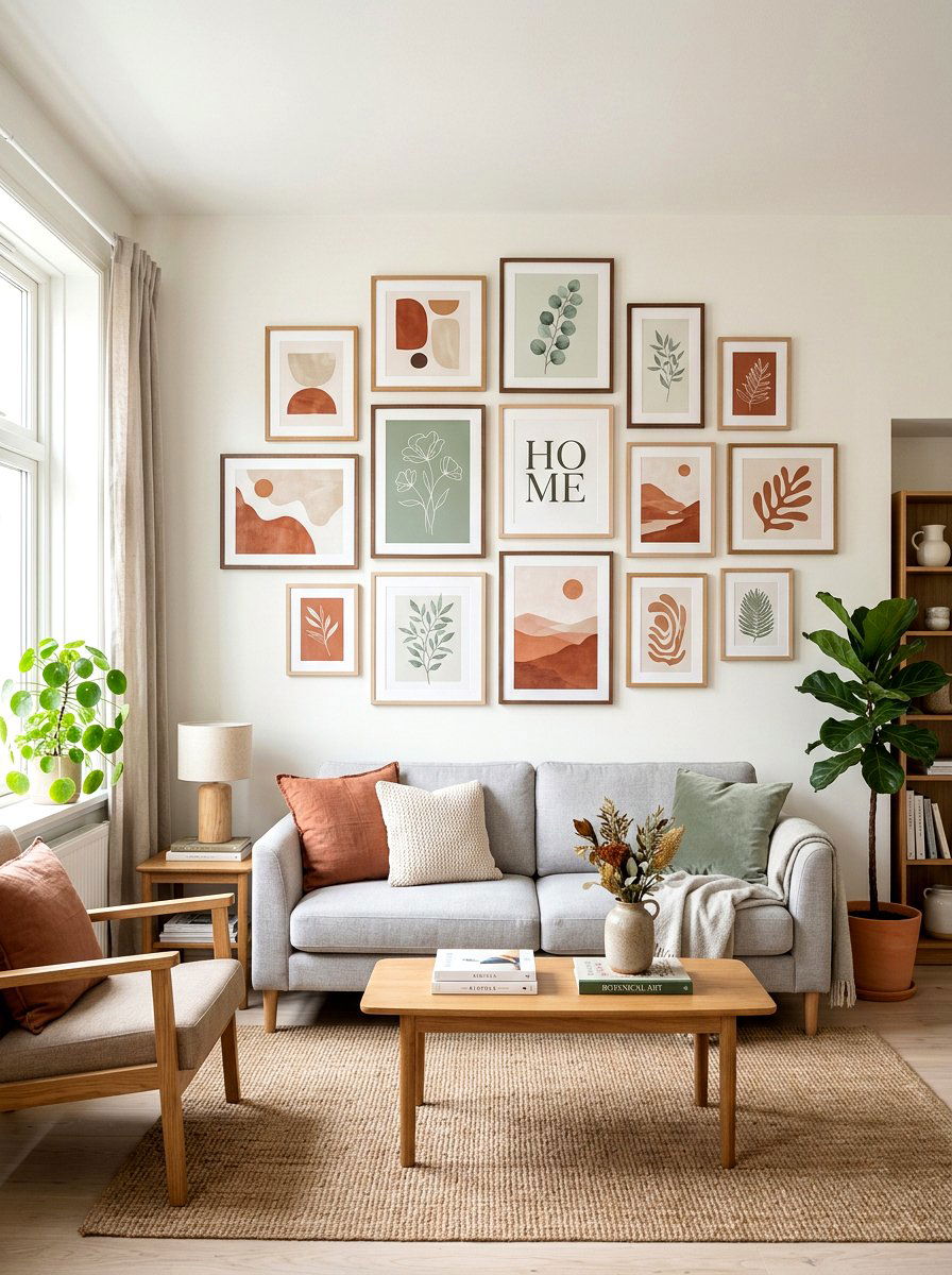 Terracotta and sage gallery wall living room - 30 terracotta and sage living room ideas