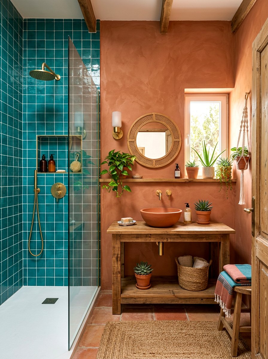 Terracotta and teal bathroom - 30 color blocked bathroom ideas