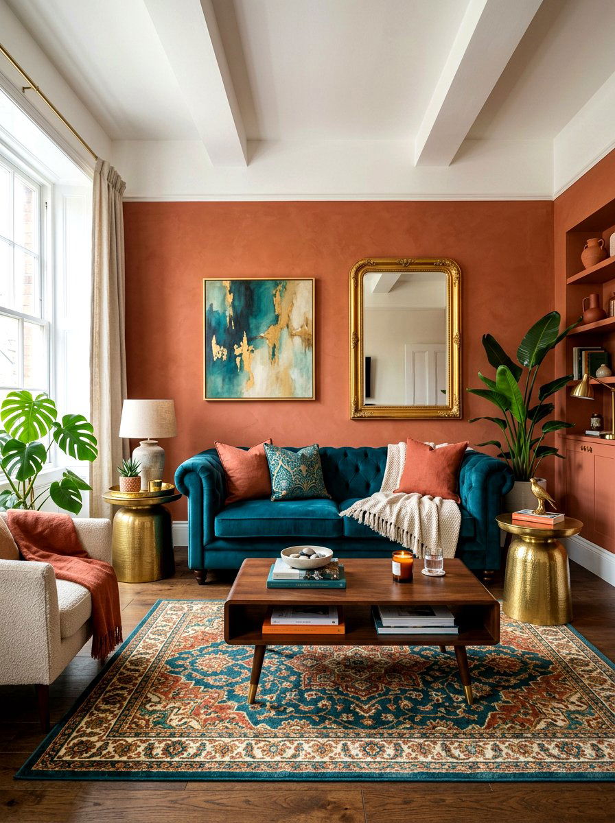 Terracotta and teal living room - 30 terracotta living room ideas