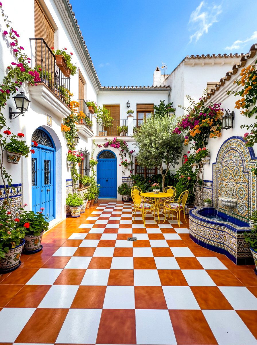 Terracotta and white tile patio - 30 checkerboard patio paver ideas
