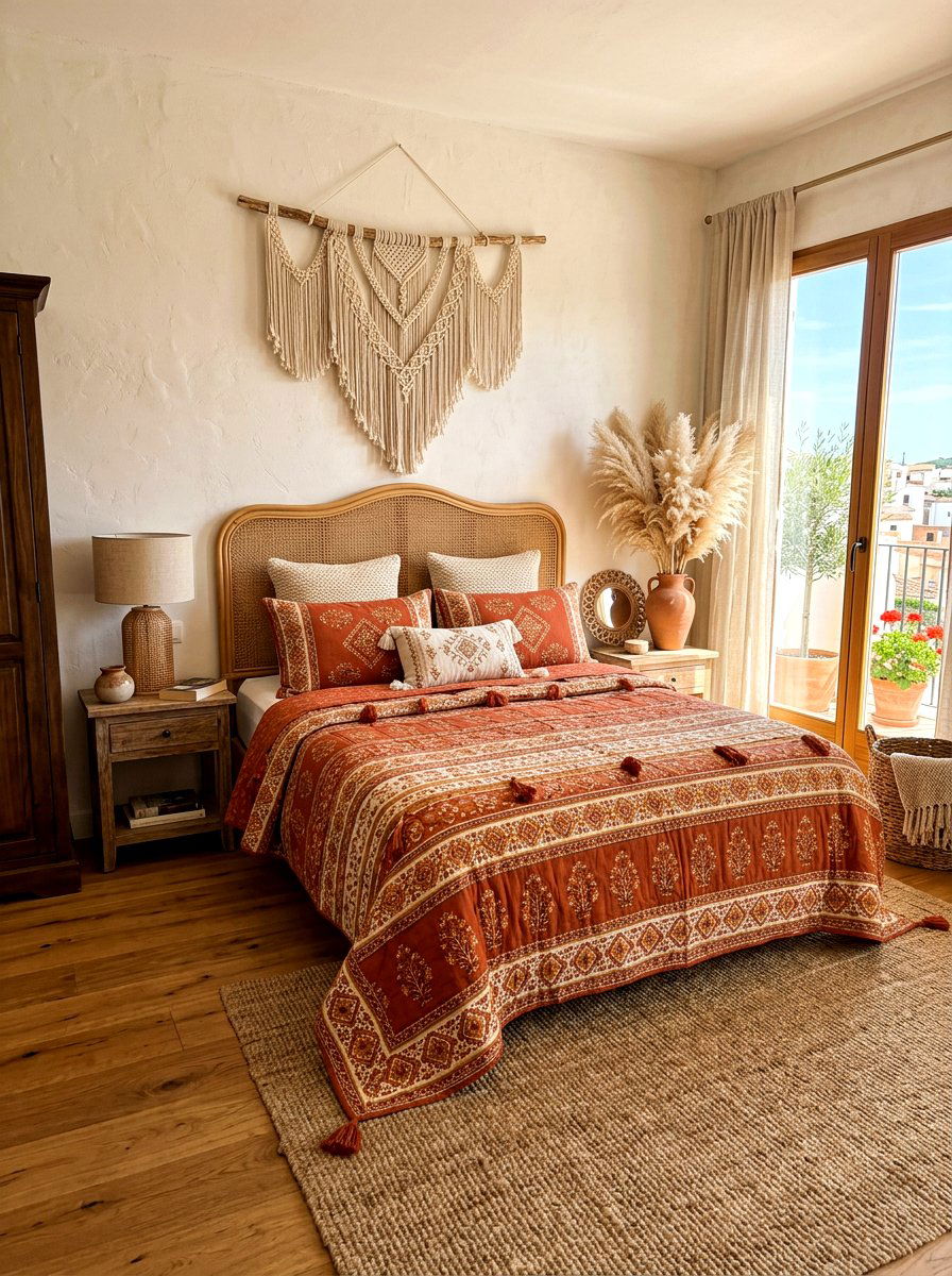Terracotta boho quilt - 30 designer bedding bedroom ideas