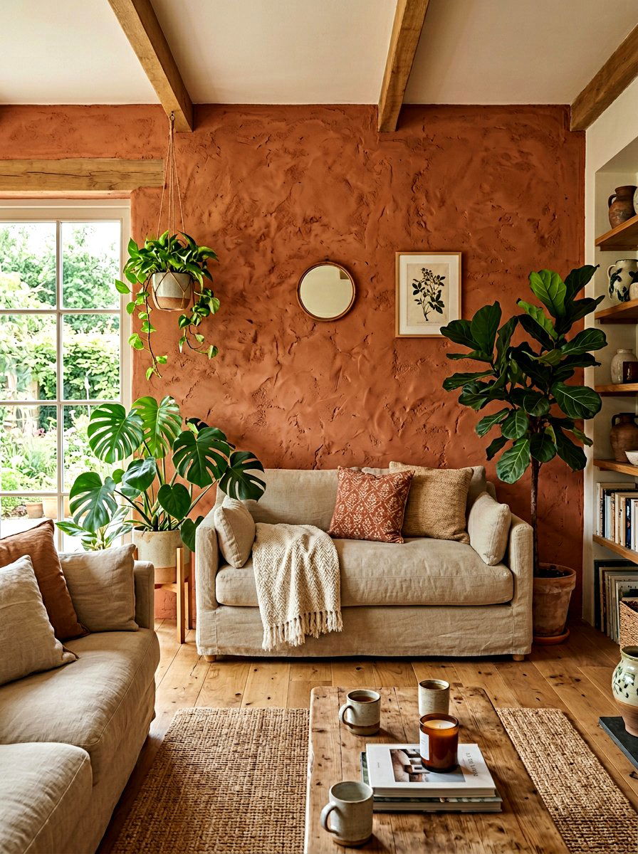 Terracotta clay wall living room - 30 terracotta and sage living room ideas
