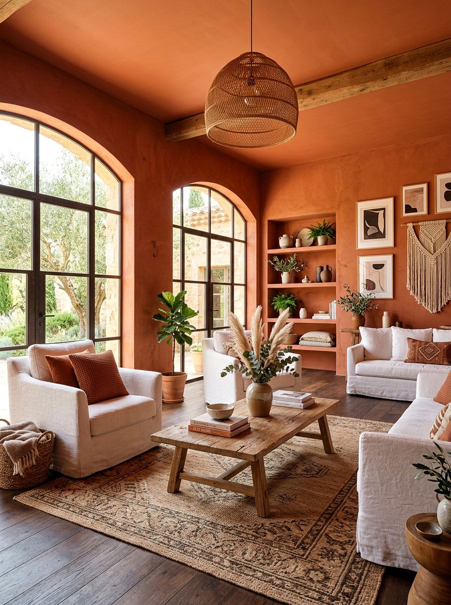 Terracotta color drenched living room - 30 ceiling drench living room ideas