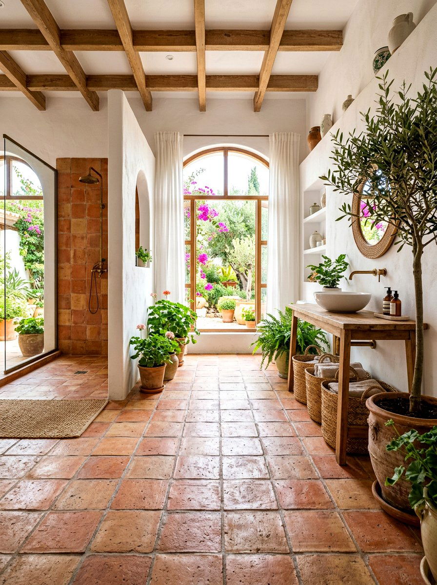Terracotta color floor tile - 30 removable tile bathroom ideas