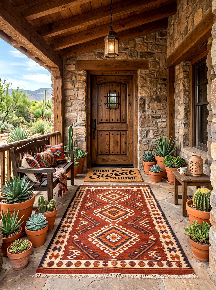 Terracotta earth tone rug - 30 porch doormat layering ideas