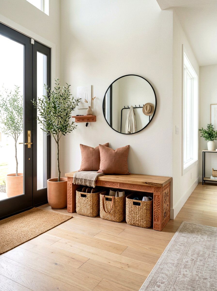 Terracotta entry bench - 30 terracotta decor ideas