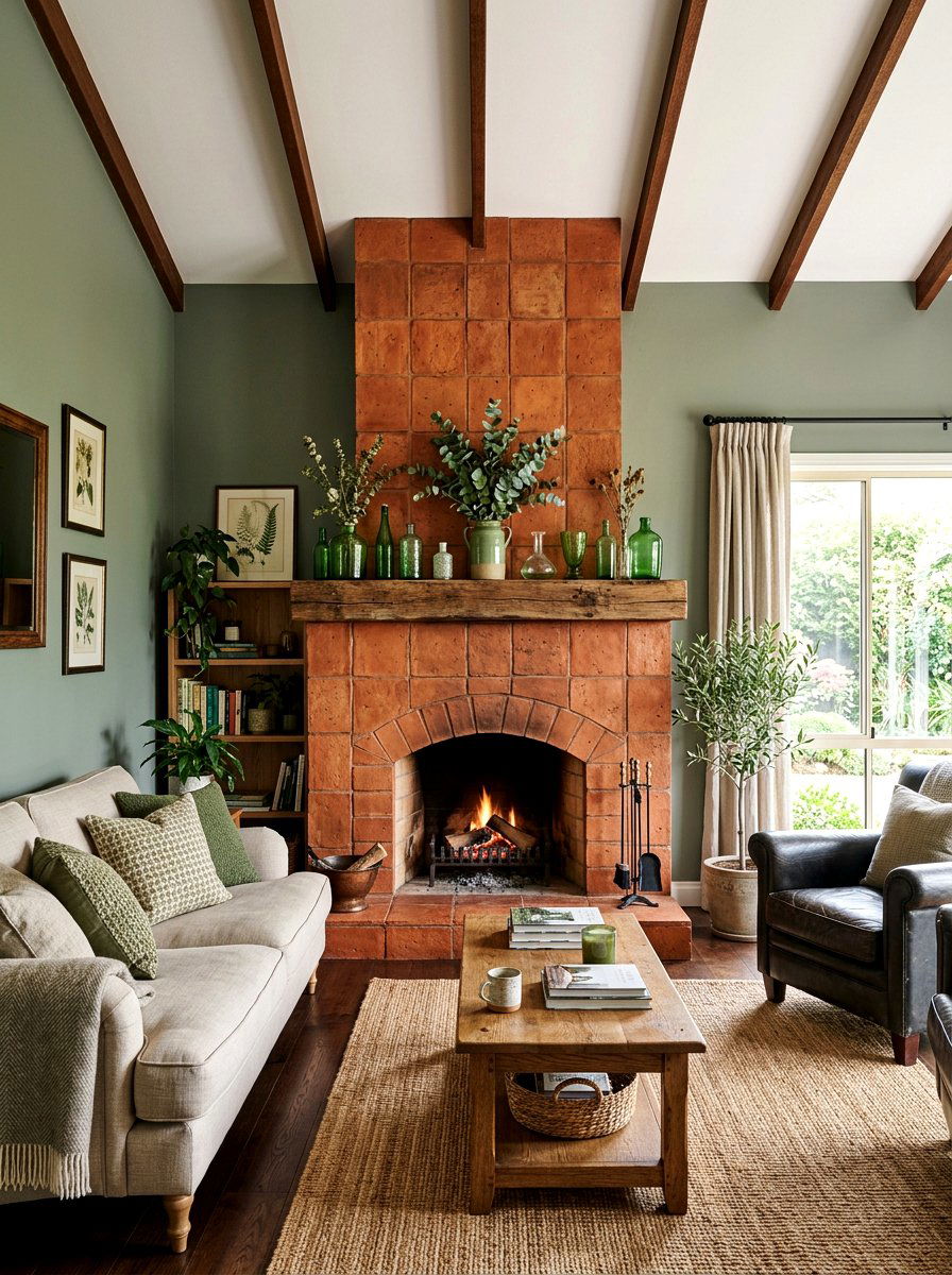Terracotta fireplace mantel living room - 30 terracotta and sage living room ideas